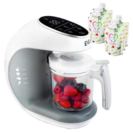 EVLA'S Baby Food Maker, Steamer, Blender, Baby Food Processor for Healthy Homemade Baby Food in Minutes, Touch Screen with 6 Reusable Food Pouches, Baby Registry Essential, White