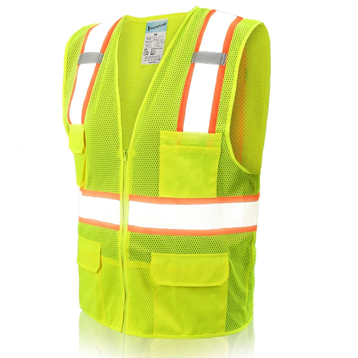 SHORFUNE High Visibility Mesh Safety Vest with 10 Pockets, Mic Tabs, Zipper and Reflective Strips, Reflective Construction Vest for Men and Women, ANSI/ISEA Standards, Yellow, M