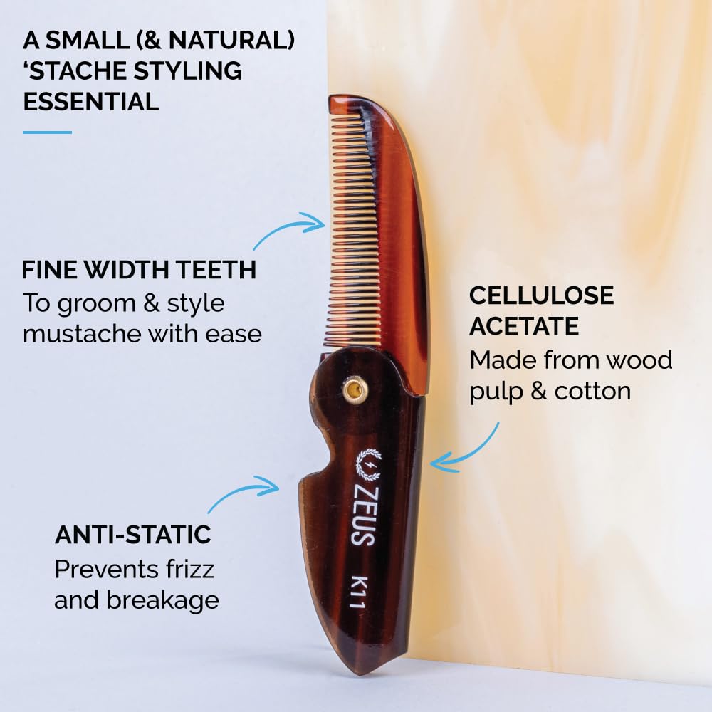 ZEUS Folding Mustache Comb for Men, Handmade Saw-Cut Pocket Comb for Men’s Beard & Moustache Grooming, Compact & Travel Friendly (Traditional) K11