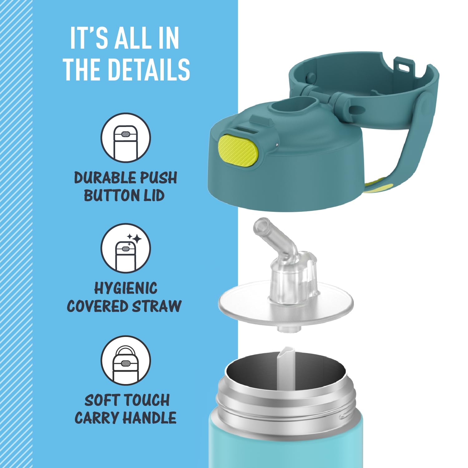 THERMOS FUNTAINER Water Bottle with Straw - 12 Ounce - Kids Stainless Steel Vacuum Insulated Water Bottle with Lid, Blue/Green