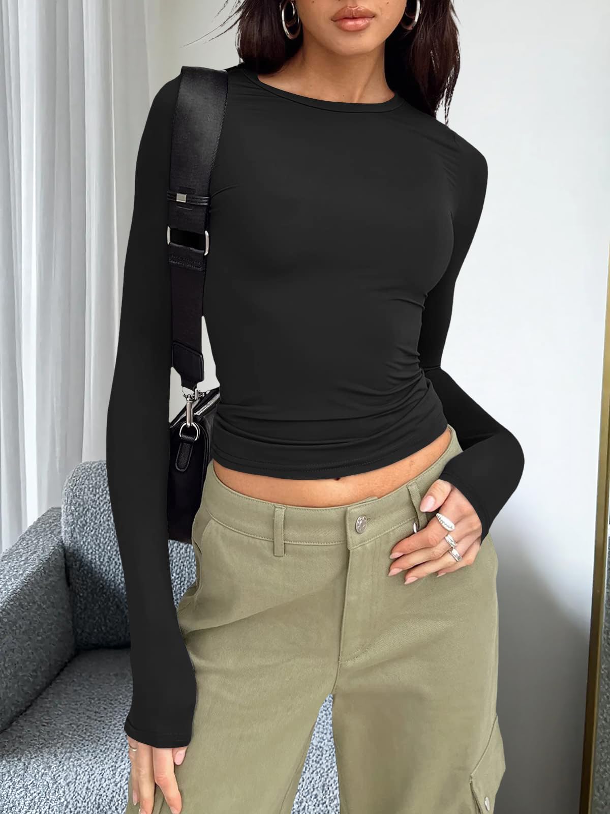 Trendy Queen Womens Long Sleeve Shirts Basic Crop Tops Tight Slim Fit Cute Teen Girls Fall Winter Y2k Clothes Black M