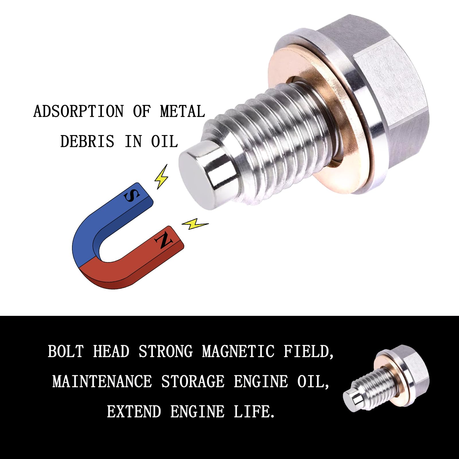 M14x1.5 Magnetic Oil Drain Plug, Magnetic Stainless Steel Oil Pan Drain Nut Bolt with 5PCS Copper Crush Washer Anti Leakage, Universal Leak-proof Replacement,Fits Most Cars,Motorcycles,Boats