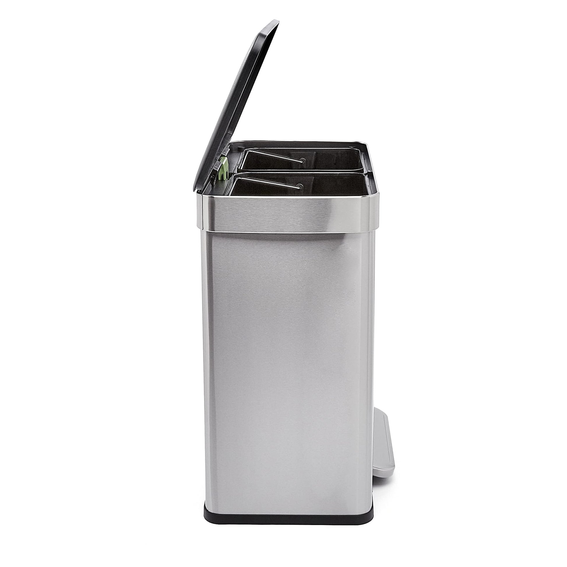 Amazon Basics Dual Compartment Recycling Trash Can with Soft-Close Lid and Removable Liner Buckets, 60 Liters, Rectangular, Grey, Silver