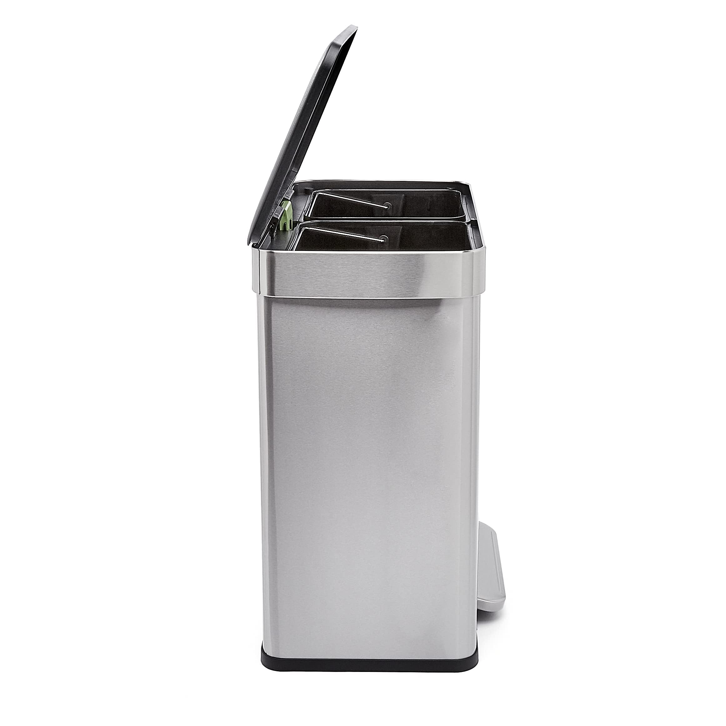 Amazon Basics Dual Compartment Recycling Trash Can with Soft-Close Lid and Removable Liner Buckets, 60 Liters, Rectangular, Grey, Silver