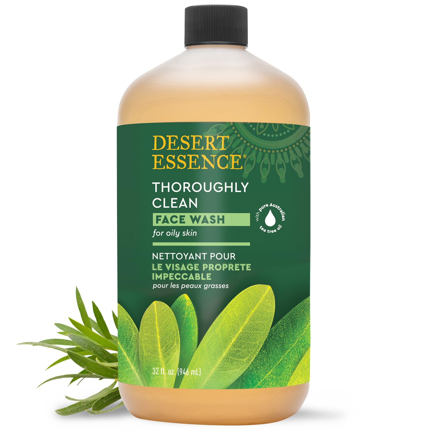 غسول الوجه Thoroughly Clean من ديزرت إيسنس بزيت شجرة الشاي وصابون القشتالة وزيت جوز الهند - منظف وجه عضوي للبشرة الحساسة والدهنية، نباتي ولم يتم اختباره على الحيوانات، 32 أونصة سائلة