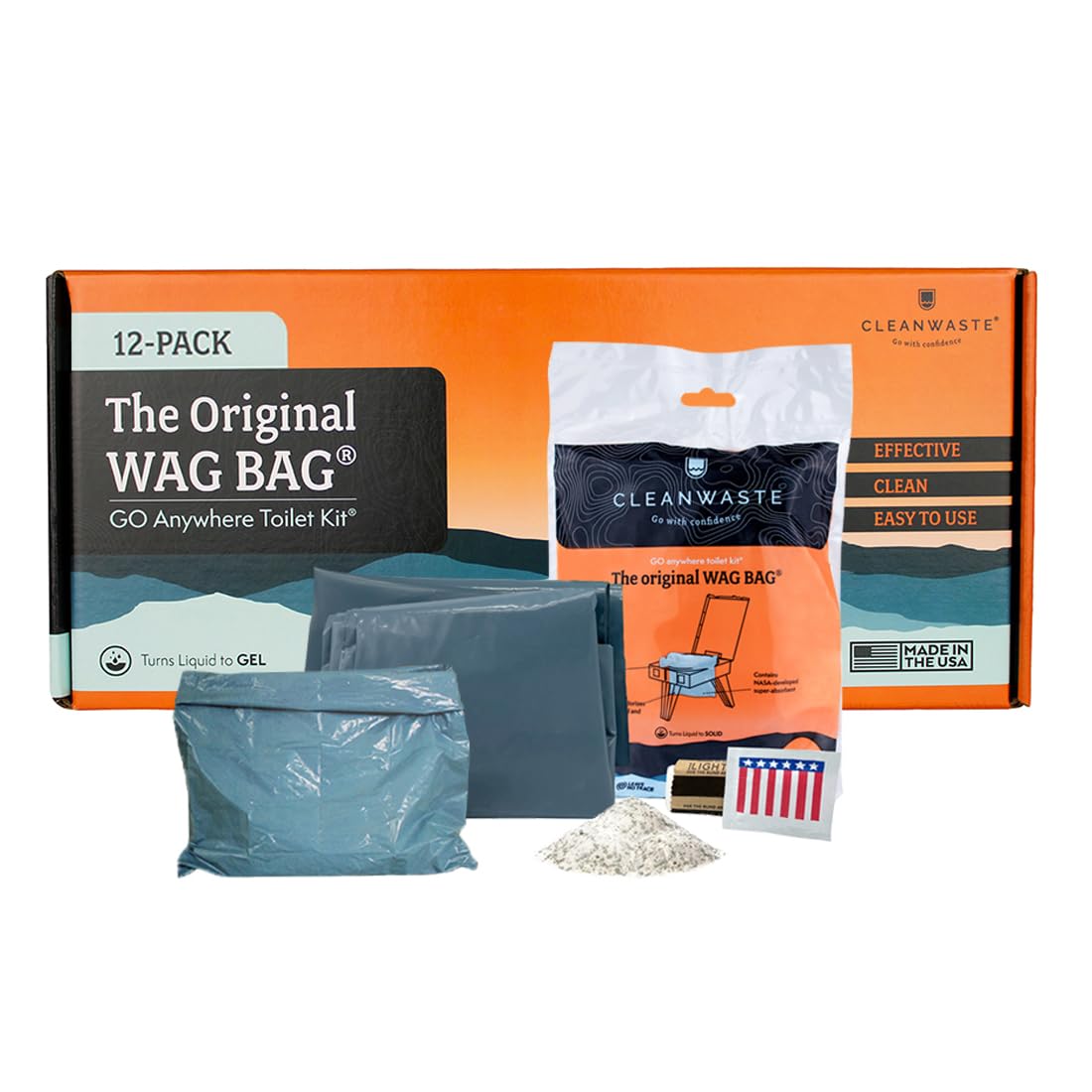Cleanwaste Original WAG Bag Tragbare Toilette (12er-Pack) – Go-Anywhere Kit für Camping, Bootfahren, Reisen – NASA Gelierpulver für Kot/Urin