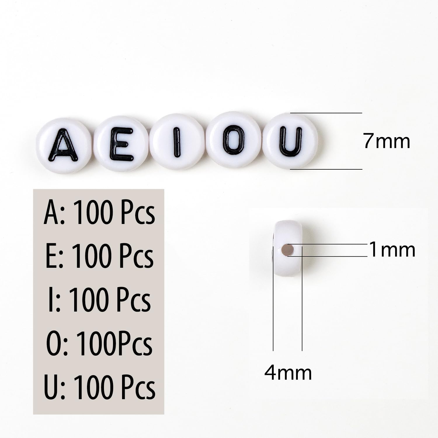 Melius 500pcs Acrylic Vowel Letter Beads, A/E/I/O/U for Bracelets Jewelry Making DIY Crafts (4x7 Round, White)