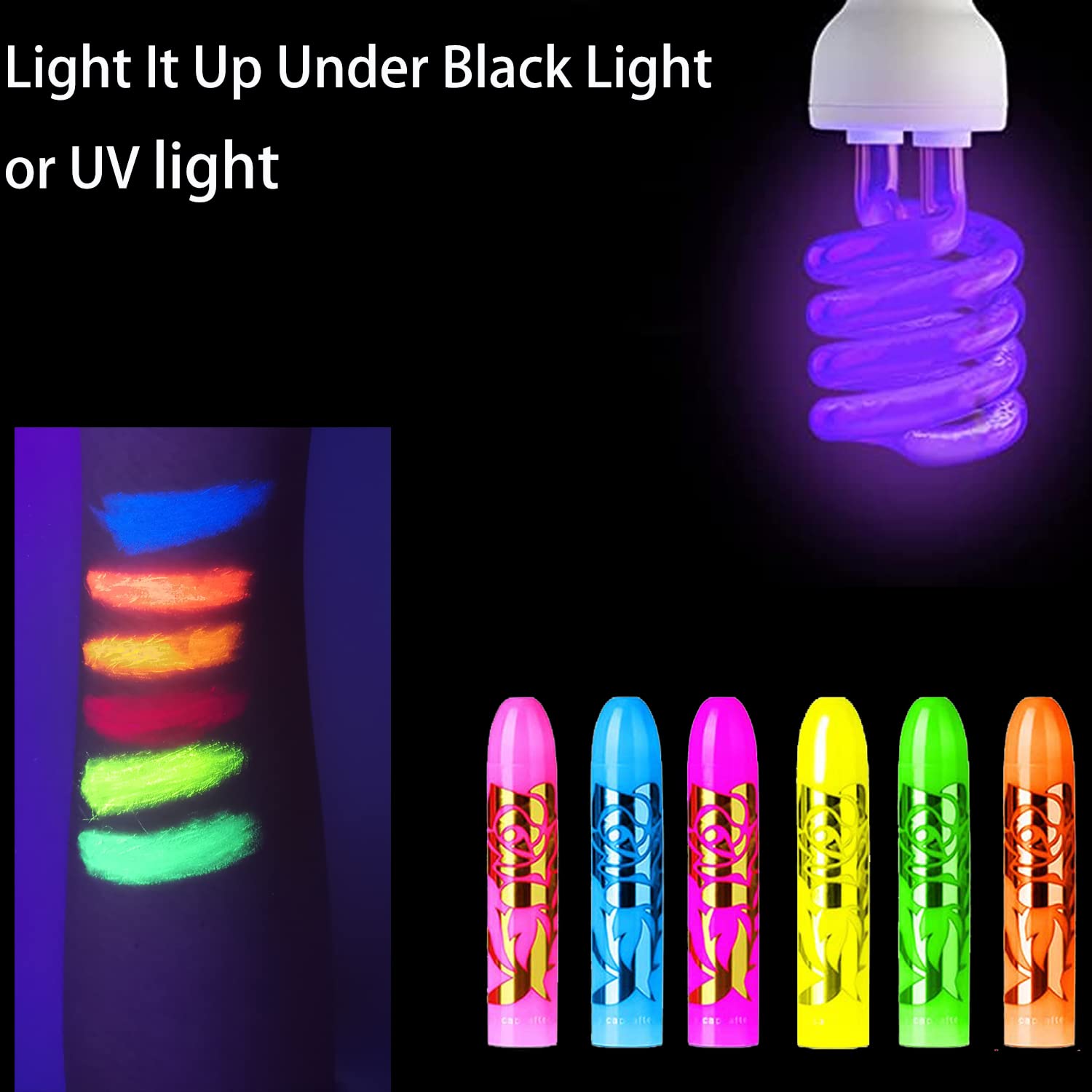 12 PCS Glow Face Body Paint, Glow In The Dark Under UV Black Light Sticks Makeup Neon Face Painting Kits for Adult Halloween Festival Accessory Glow Party Supplies