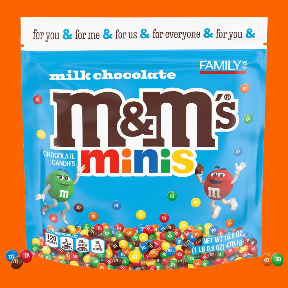 M&M'S MINIS Milk Chocolate Candy Assortment, Family Size, 16.9 oz Resealable Bulk Chocolate Candy Bag
