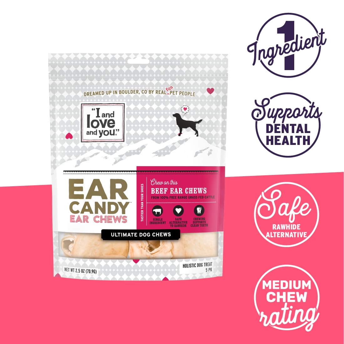 "I and love and you" Ear Candy Cow Ear Strips - Grain Free Dog Chews, 100% Beef Cow Ears, 2.5-Ounce