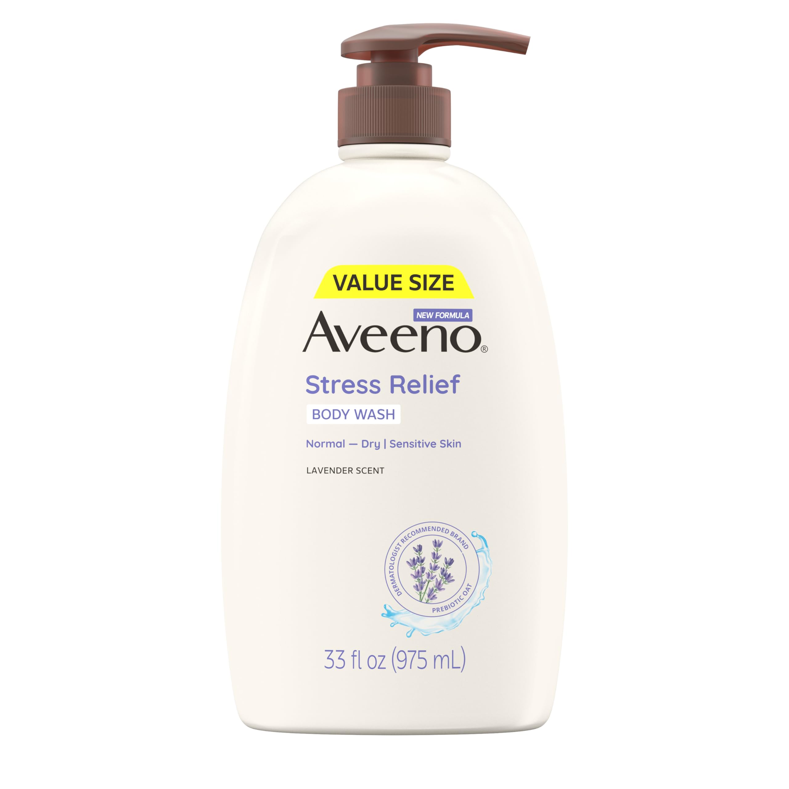 Aveeno Stress Relief Body Wash with Nourishing Oat & Lavender Scent for Sensitive Skin, Gently Cleanses & Helps You Feel Calm & Relaxed in the Shower, Soap-Free, 33 fl. oz