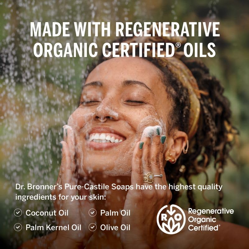 Dr. Bronner's Pure-Castile Magic Liquid Soap - Made with Regenerative Organic Certified Oils- 18-in-1 Uses for Face, Body, Hand, Hair, Laundry & More- Vegan, Non-GMO- Body Wash- Peppermint,32oz