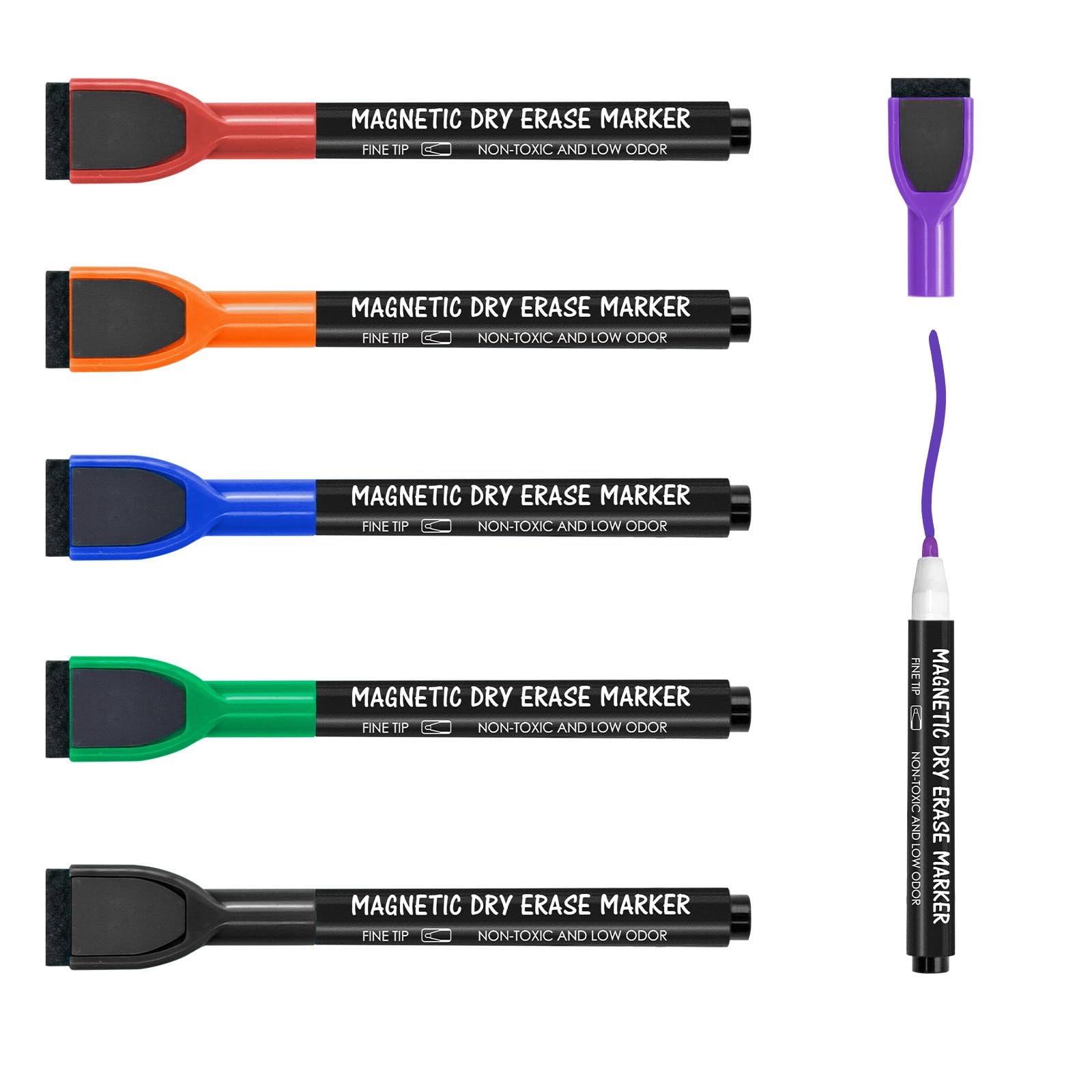 maxtek Magnetic Whiteboard Markers - 12 Count Colorful Fine Tip Dry Erase Markers with Eraser for Kids, Low Odor Thin Markers for Calendar Boards