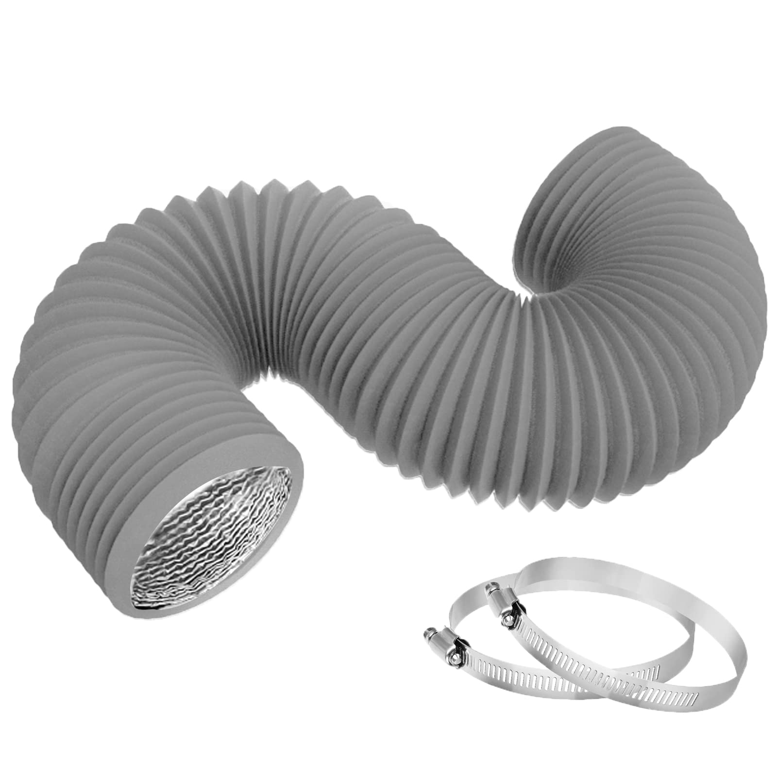 TEAIERXY 4 Inch 8FT Dryer Vent Hose,Flexible Insulated Air Ducting,Vent Hose PVC Aluminum Foil with 2 Clamps for HVAC Ventilation(Grey)