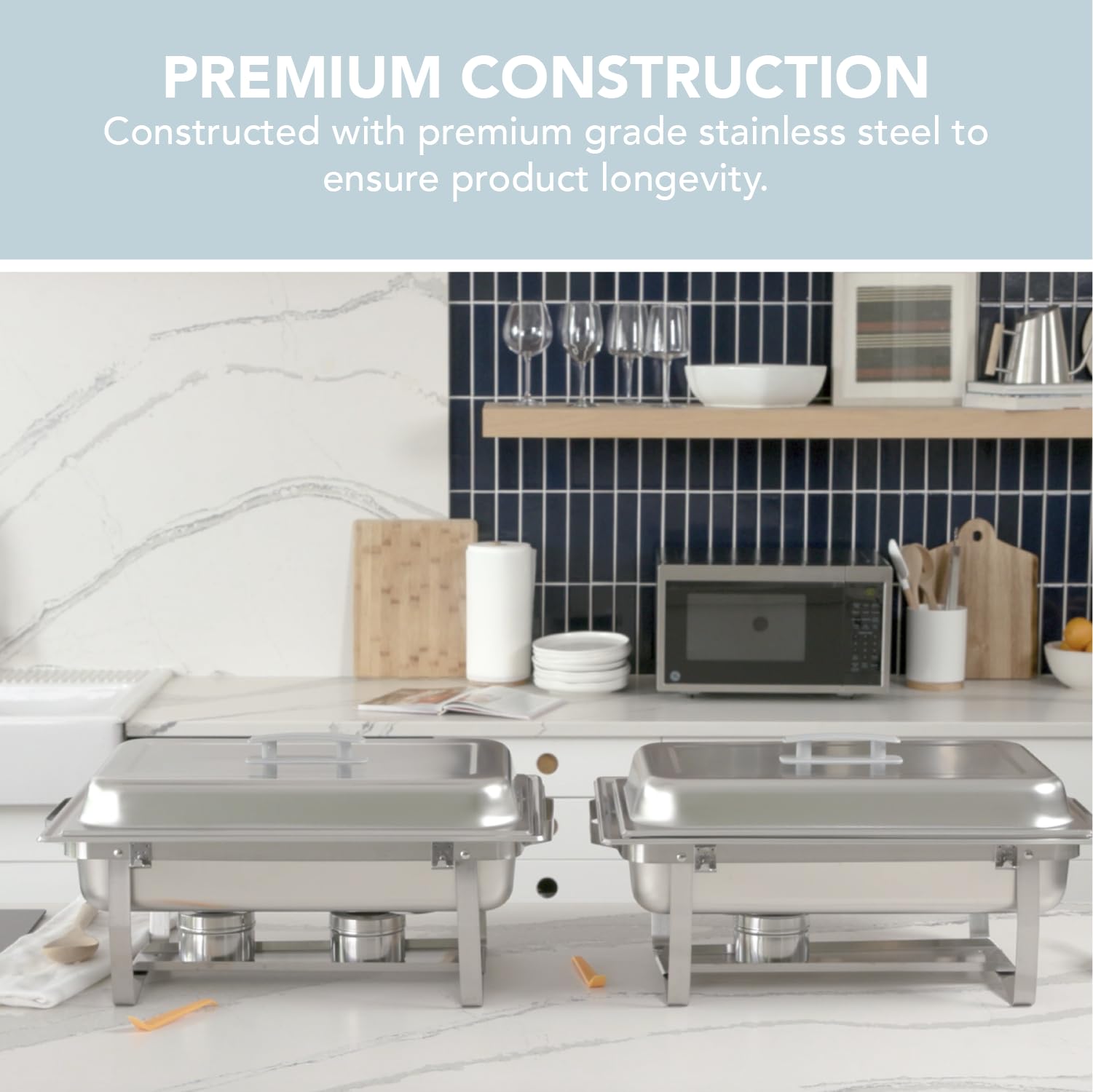 Alpha Living 4 Pack Chafing Dish Full Set – Stainless Steel Catering Chafer with Lids, Pans & Fuel Holders – Buffet Food Warmers for Parties, Events & Weddings – Alpine Gray Handles