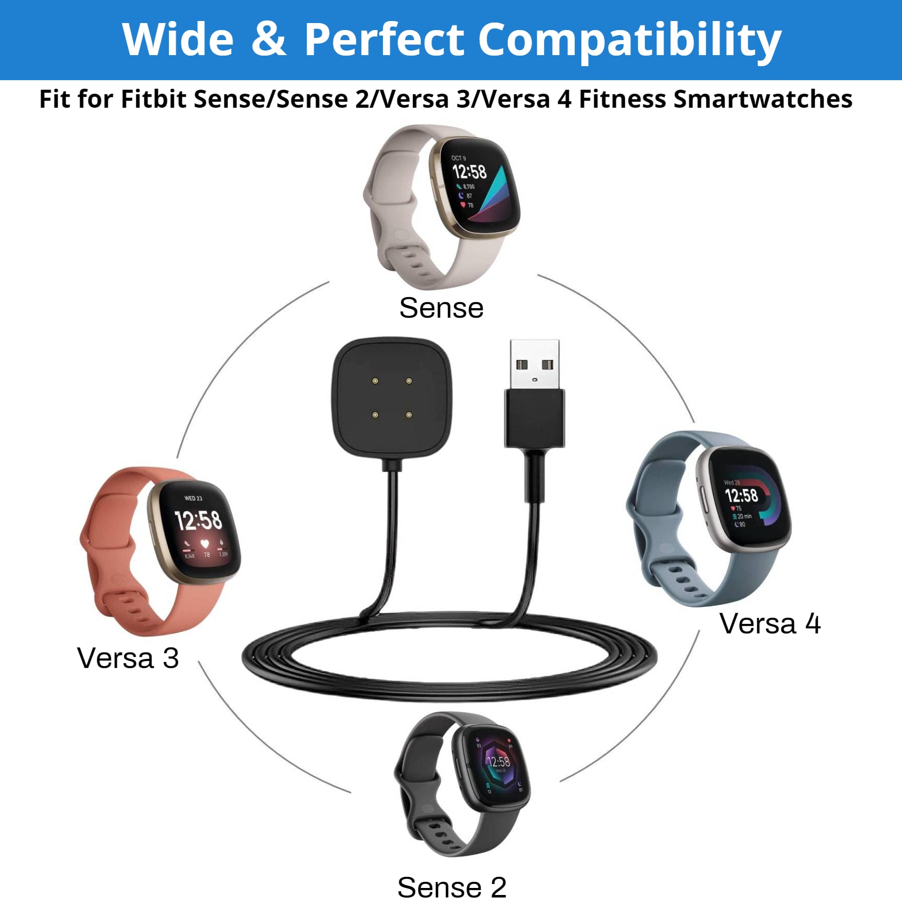 YANZHI Charger Replacement for Fitbit Versa 4 / Sense/Versa 3 / Sense 2 (2 Pack/3.3Ft Compatible with Fitbit Versa & Sense Smart Watch Charger Dock Stand Charging Cable, Upgraded Strong Magnet)