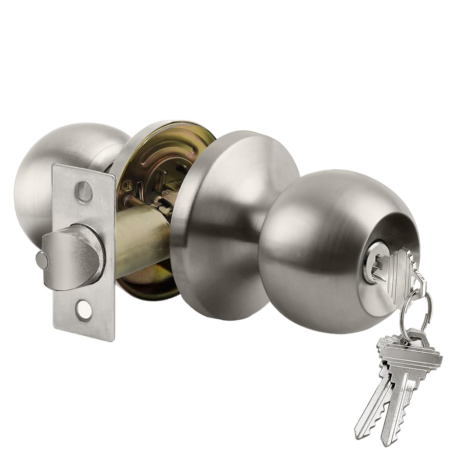 BESTTEN Keyed Entry Door Knob with Lock, Interior and Exterior Door Lock, Standard Ball, Satin Nickel