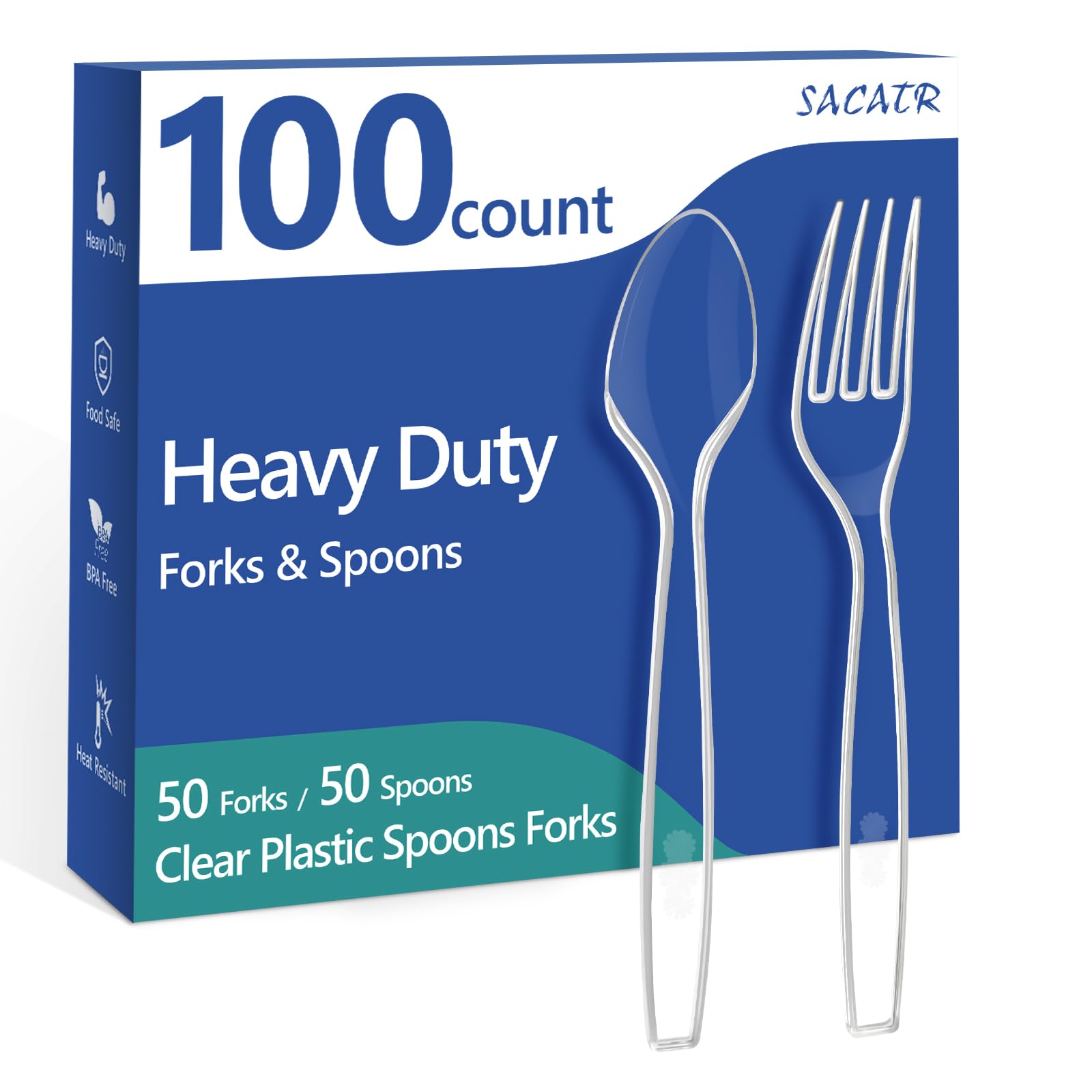 100 Count Plastic Silverware Heavy Duty -50 Forks, 50 Spoons, BPA-Free, Heat Resistant, Disposable Plastic Utensils Set, Plastic Cutlery Set, Plasticware Suitable for Party Everyday Use
