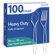100 Count Plastic Silverware Heavy Duty -50 Forks, 50 Spoons, BPA-Free, Heat Resistant, Disposable Plastic Utensils Set, Plastic Cutlery Set, Plasticware Suitable for Party Everyday Use