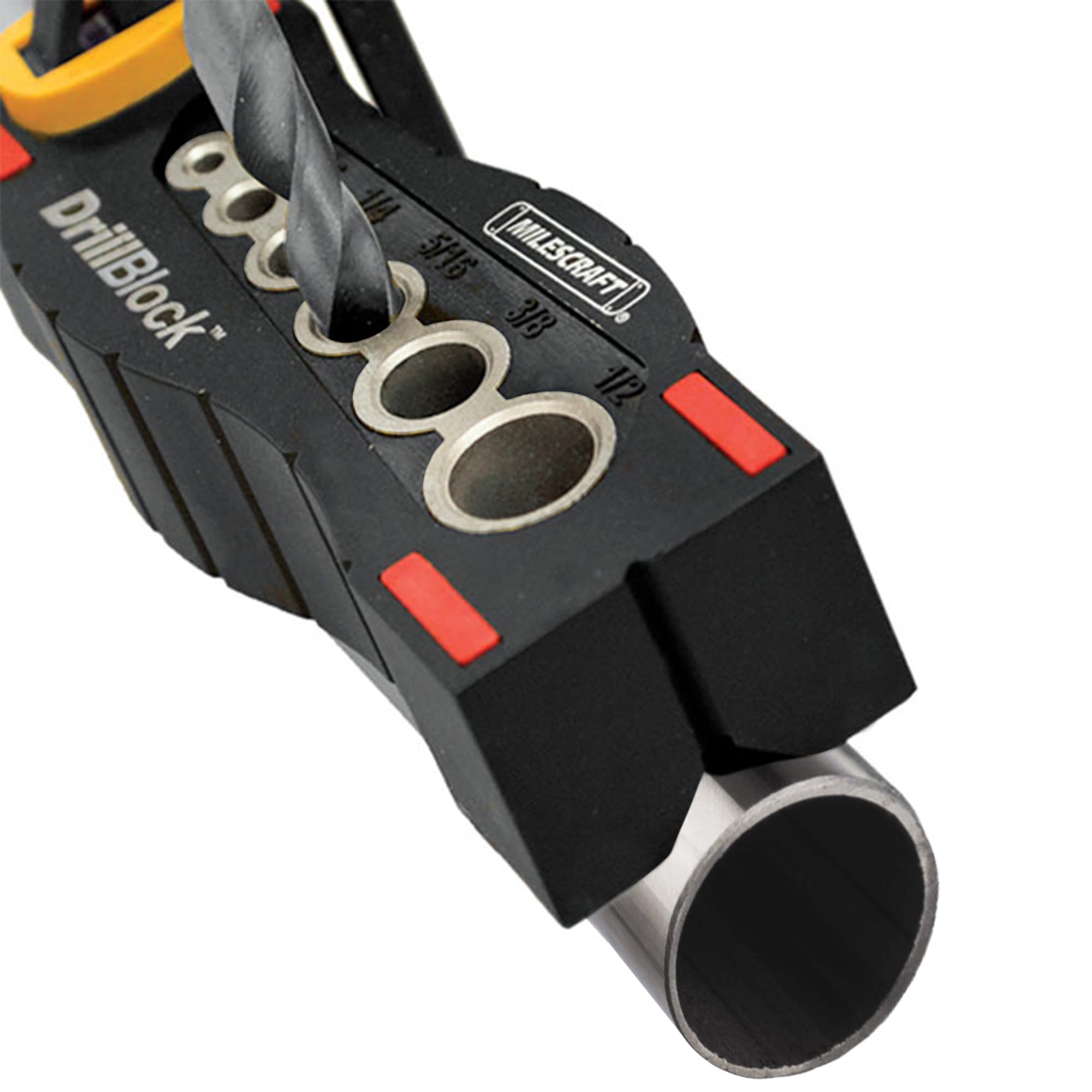 Milescraft 1312 Drill Block - Handheld Drilling Guide, Drilling Jig with Drill Guides for 6 of the Most Common Imperial Drill Bit Sizes, Precision Drilling Tool Accessory