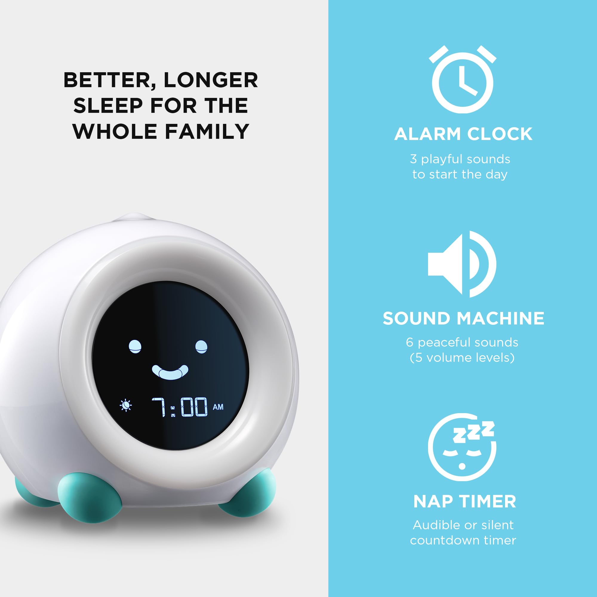 LittleHippo Mella: Kids Alarm Clock, Ready to Rise Children's Sleep Trainer, Night Light, Sound Machine and OK to Wake for Toddlers and Kids - Arctic Blue (Updated 2025)