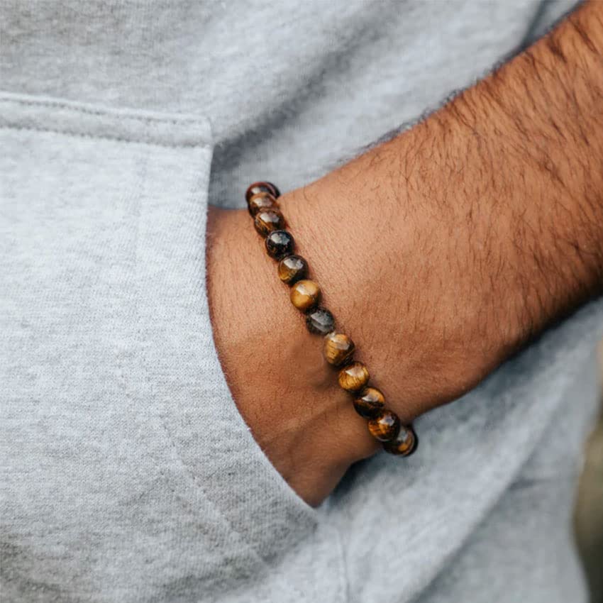 Tiger Eye Bracelet For Men 8MM Natural Stone Beads Bracelet Set Stretch Lava Rock Bracelets Adjustable Black Crystal Beaded Bracelet for Men Women Gifts