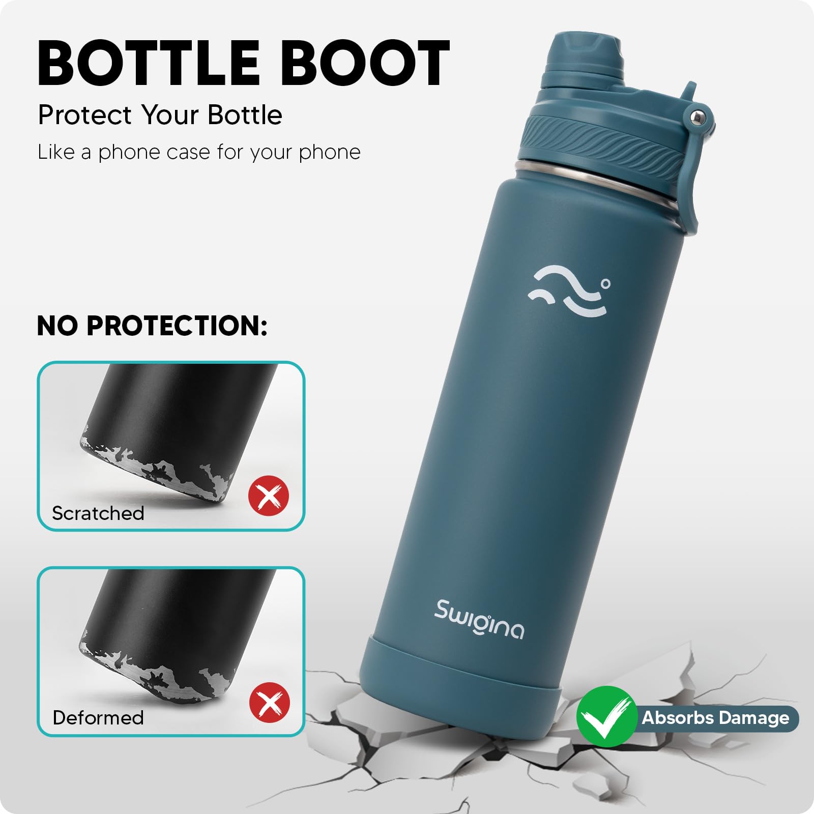 Swigina [2-IN-1 LID] Insulated Water Bottle with Silicone Boot (36hrs Cold/18hrs Hot) - DIY Stickers, Leakproof, BPA Free, 24 oz