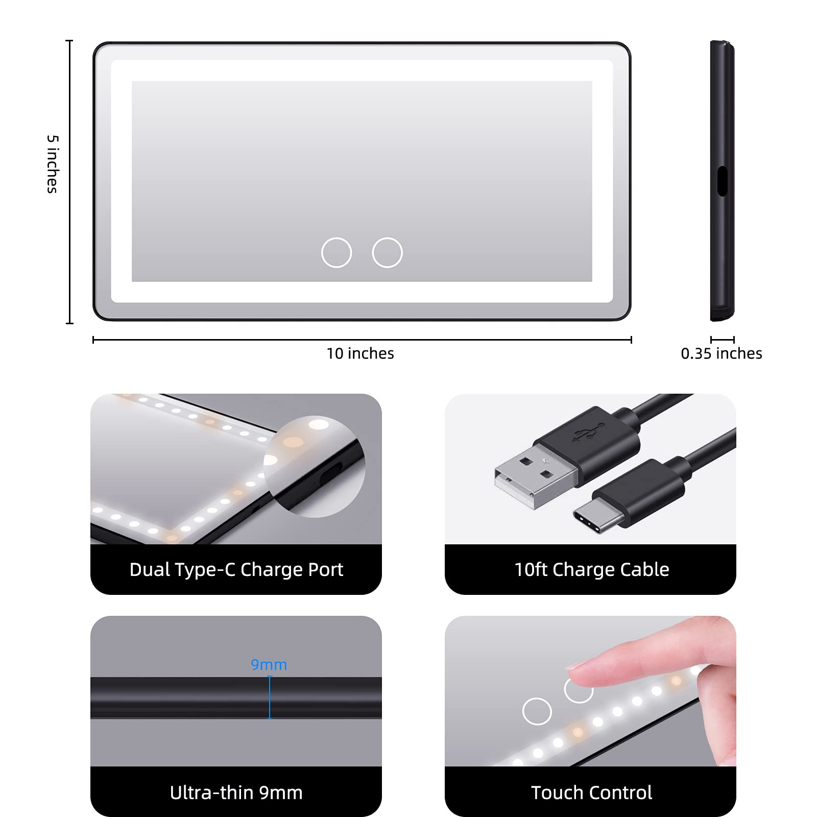 Car Sun Visor Vanity Mirror, with 3 Light Modes & 60 LEDs - Rechargeable Dimmable Clip-on Rear View Sun-Shading Cosmetic Makeup Mirror, Universal for Car SUV(Black)