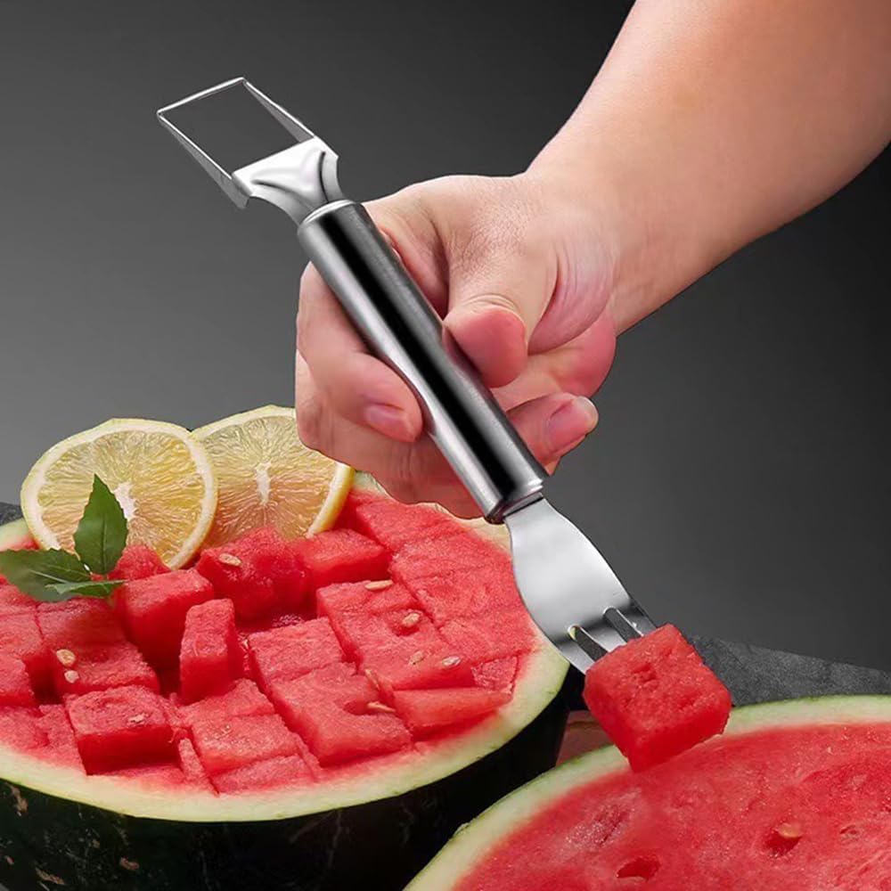 2-in-1 Stainless Steel Fruit Cutter, Watermelon Cutter, Stainless Steel Watermelon Fork Slicer, Watermelon Cutter Slicer Tool Fruit Forks Slicer Knife Kitchen Gadgets for Family Parties Camping (B)