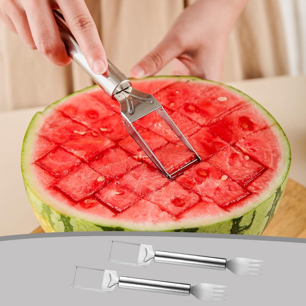 2-in-1 Stainless Steel Fruit Cutter, Watermelon Cutter, Stainless Steel Watermelon Fork Slicer, Watermelon Cutter Slicer Tool Fruit Forks Slicer Knife Kitchen Gadgets for Family Parties Camping (B)