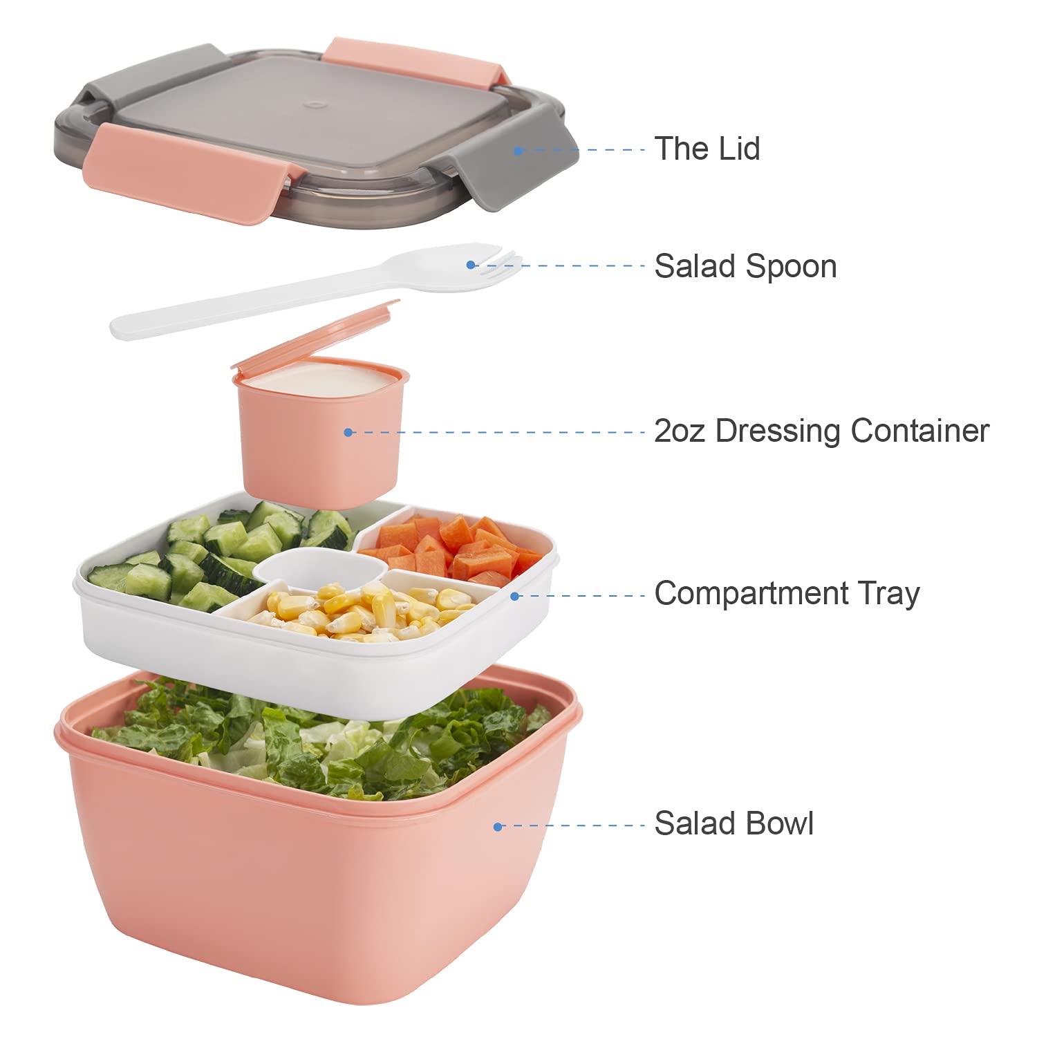 Freshmage Salad Lunch Containers To Go, 2 Pack 52-oz Bowls with 3 Compartments, Dressing Containers for Toppings, Snacks - Pink & Green