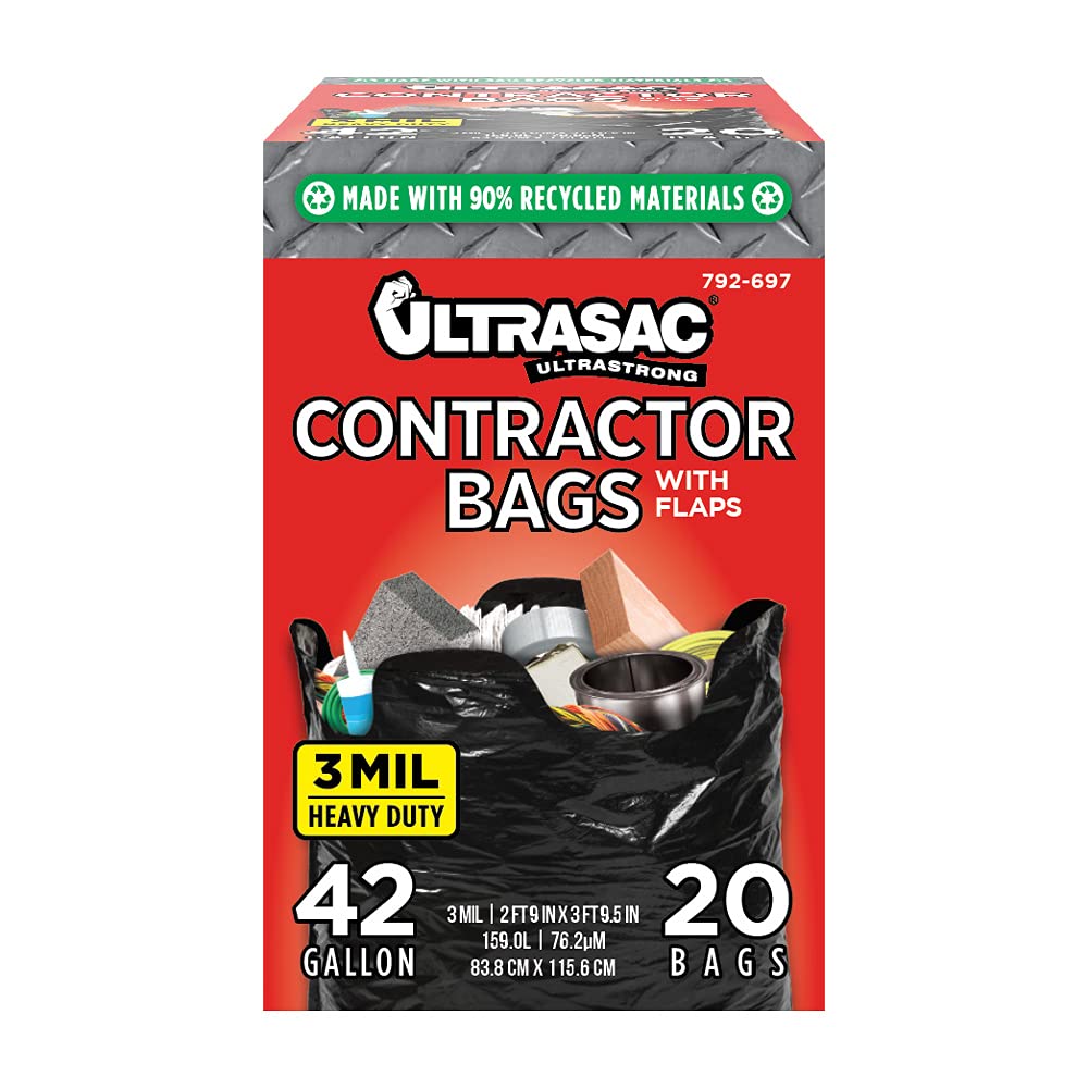 Ultrasac Heavy Duty Contractor Bags (VALUE 50 PACK/w TIES), 42 Gallon, 32.75" X 47" - 3 MIL Thick Large Black Industrial Garbage Trashbags for Construction and Commercial use