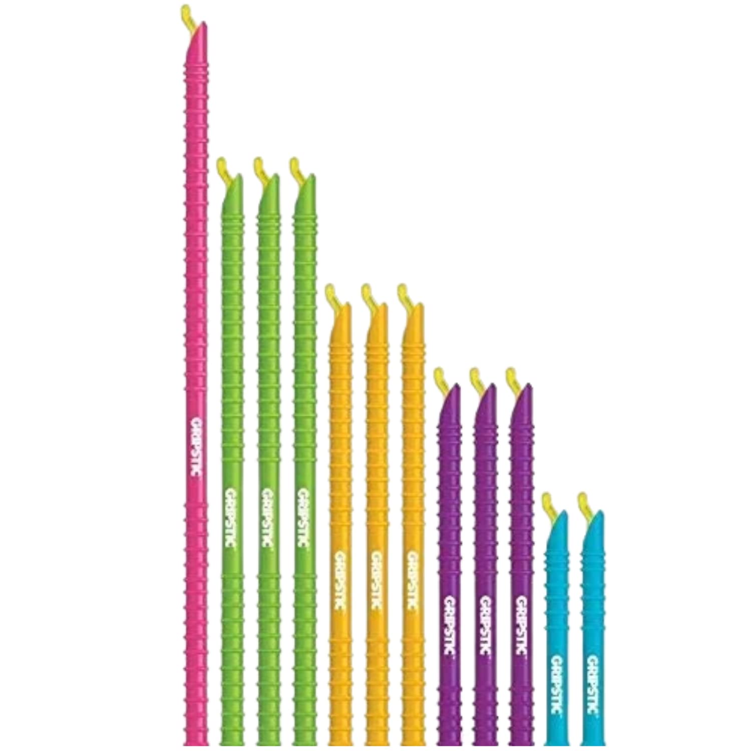 GripStic 12pc Assorted Bag Clips. Durable and reusable chip clips seal food bags air tight. Set includes: (2) 5" Blue, (3) 7.25" Purple, (3) 8.75" Orange, (3) 11.25" Green, (1) 13" Pink.