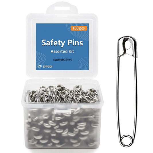 ZIPCCI 3 inch Safety Pins, 100 Pcs Safety Pins Heavy Duty, Large Safety Pins, Steel Wire (Large Size)