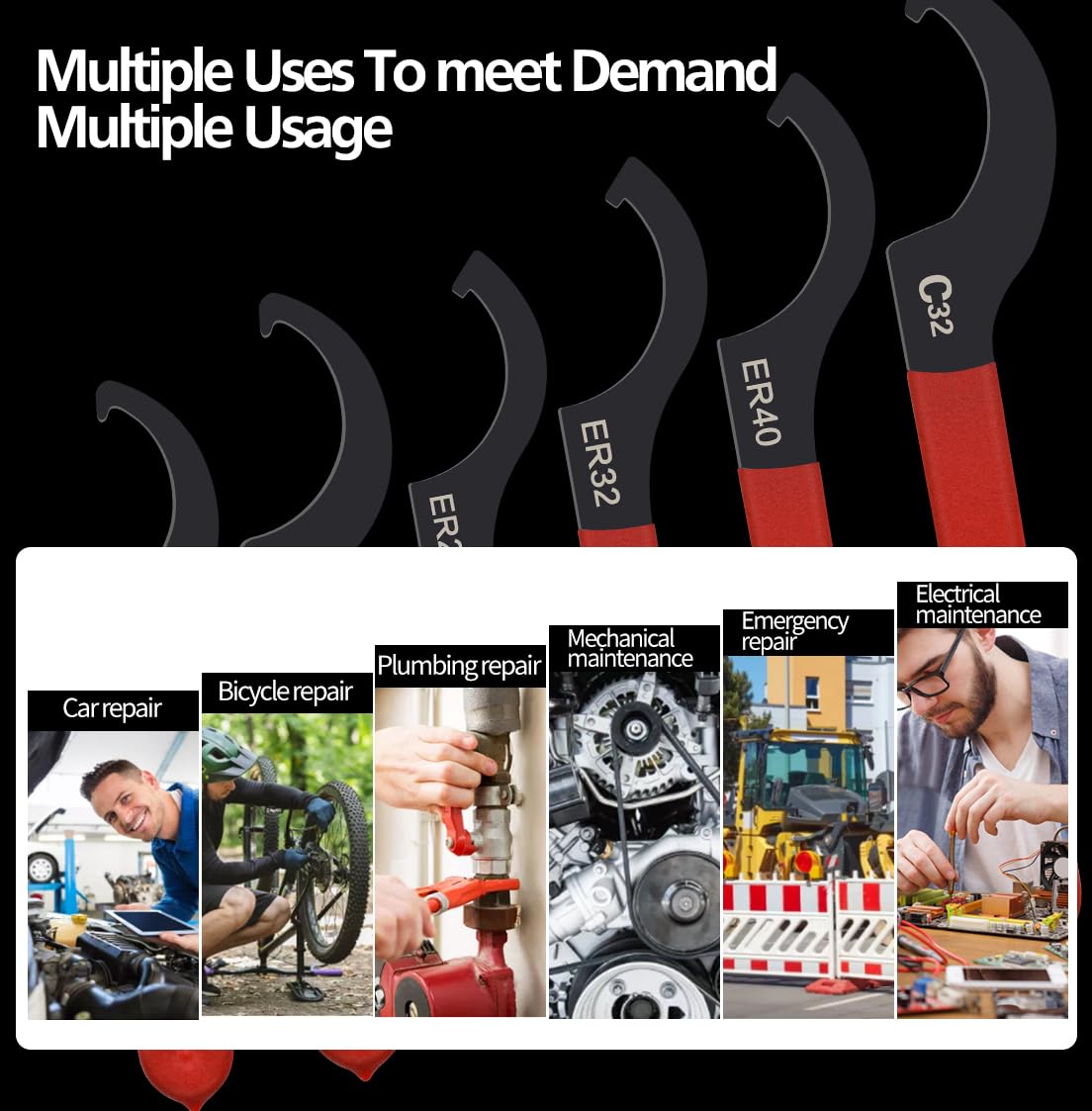 Mdvora 6pcs Coilover Spanner Wrench Set, C-Shape Shock Spanner Hook Wrench Tools, for Suspension System and Shock Adjustment