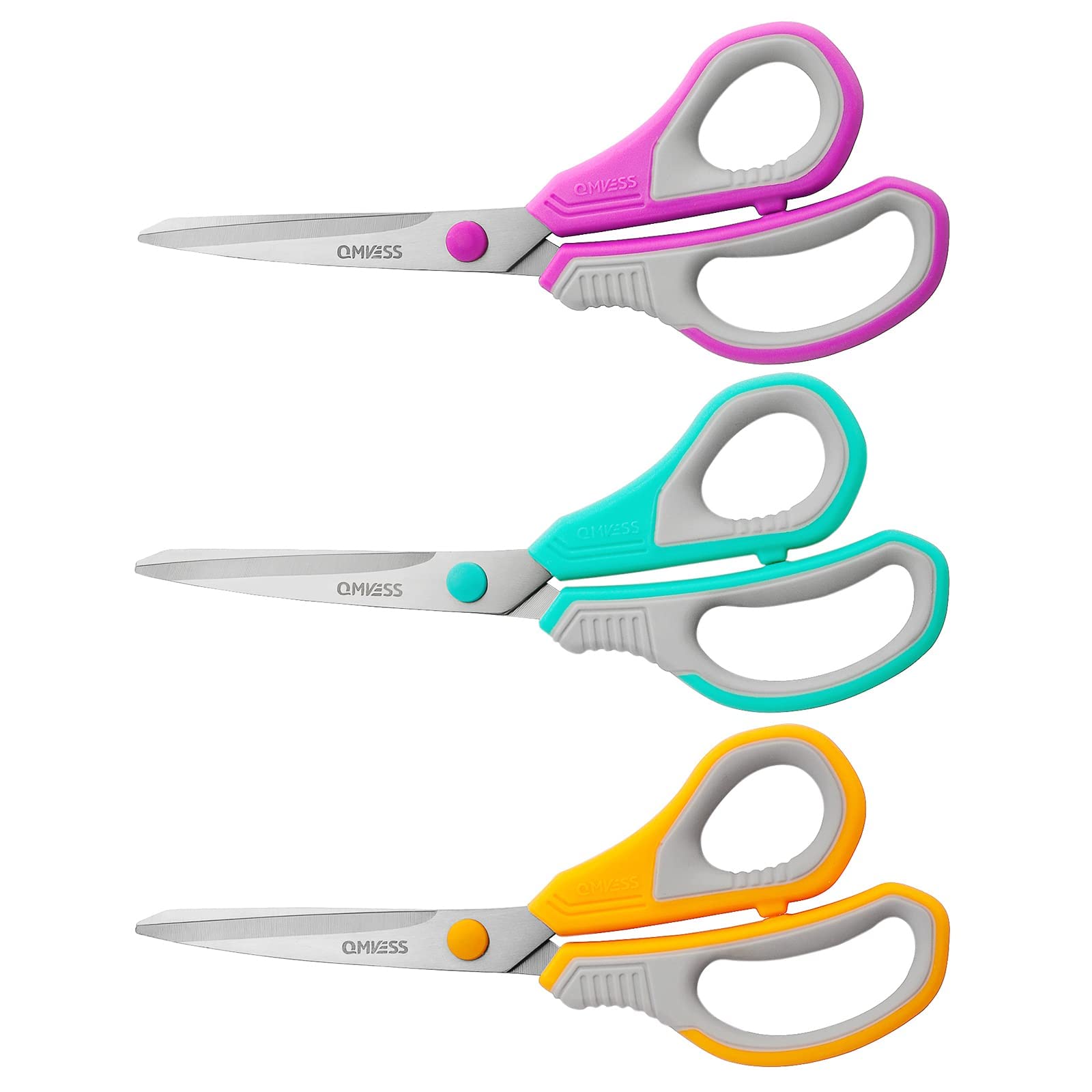 QMVESS 8.5" Scissors All Purpose 3 Pack, Ultra Sharp 2.5mm Thick Blade Scissors for Office, Professional Ergonomic Comfort Grip Scissors for Office School Home Fabric DIY Craft Cutting General Use