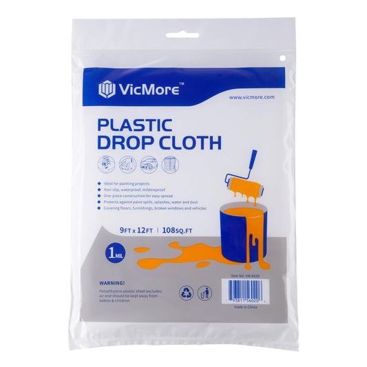 VICMORE 9x12ft Clear Plastic Drop Cloth for Painting – Heavy-Duty 1 Mil Waterproof & Dustproof Painters Tarp Sheet Covering for Paint Protection, Renovation, Floor, and Furniture Storage