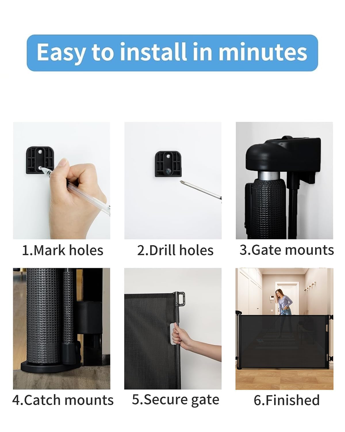 Veraste Retractable Baby Gate for Doorways and Stairs, Mesh Safety Gate for Pet, Indoor & Outdoor Use, One-Hand Operation, Easy Installation, 33.6" Tall, Expands to 55" Wide（Black,33.6"x55")