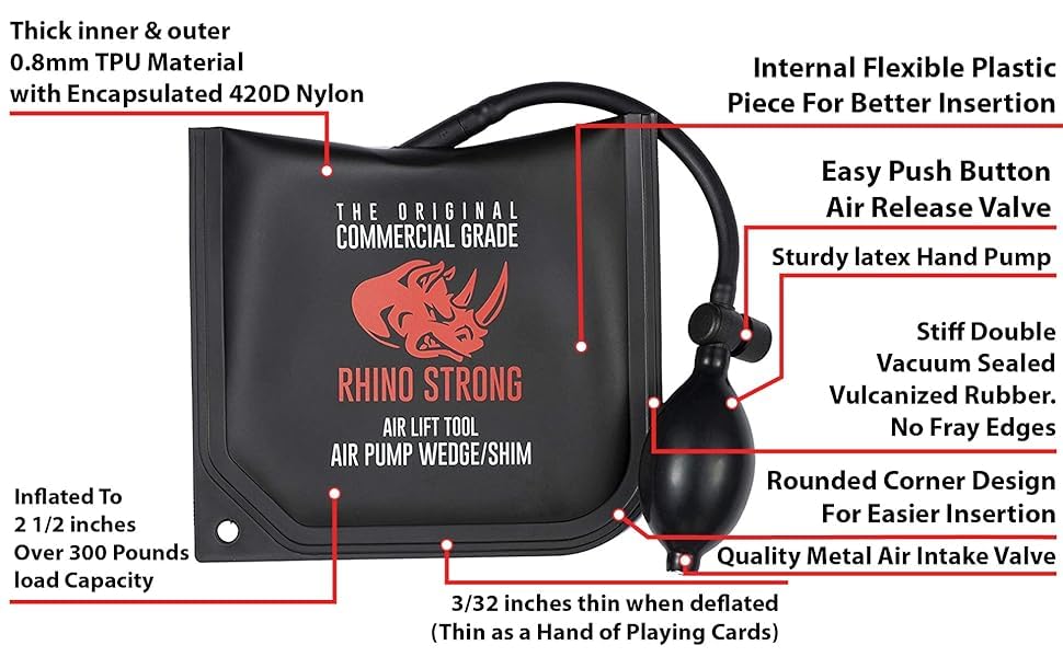 The Original Rhino Strong Commercial Grade Air Wedge Bag Pump Professional Leveling Kit & Alignment Tool Inflatable Shim Bag 3 Piece (Small, Medium, Large). 3 sizes for all of your individual needs.