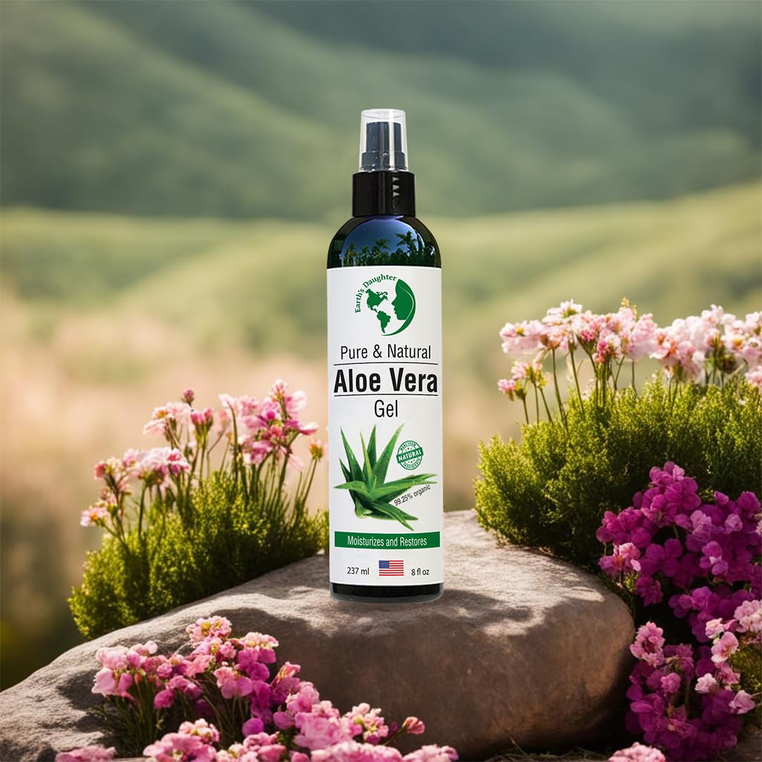 Earth's Daughter Organic Aloe Vera Gel from 100% Pure and Natural Cold Pressed Aloe - Great for Face - Hair - Acne - Sunburn - Bug Bites - Rashes - Eczema - 8 Oz.
