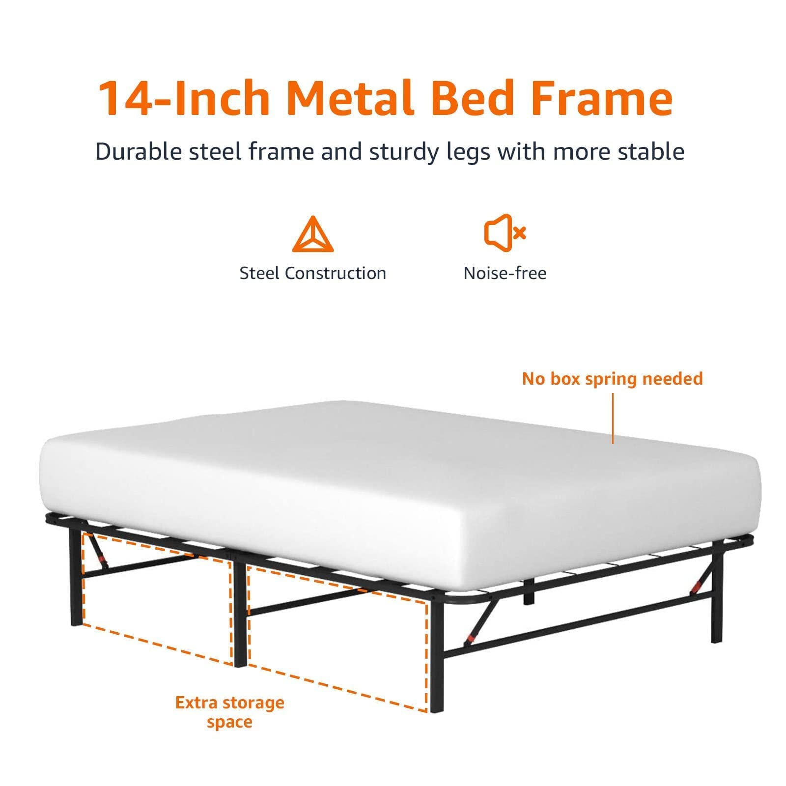 Amazon Basics Bed Frame with Storage, Foldable Metal Platform, Sturdy Steel, No Box Spring Needed, 14 inches High, Tool-Free Setup, Full Size, Black