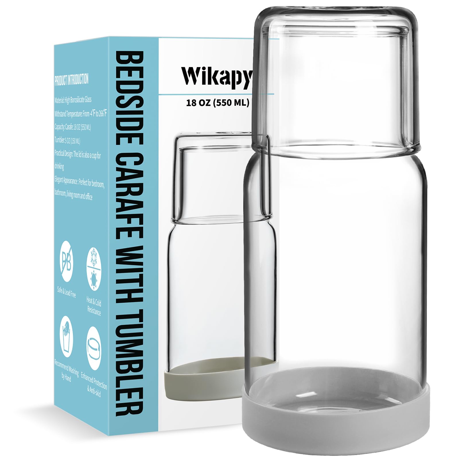 Wikapy Bedside Water Carafe and Glass Set With Silicone Coaster for Nightstand, Bedroom, 18 OZ Clear Mouthwash Dispenser for Bathroom