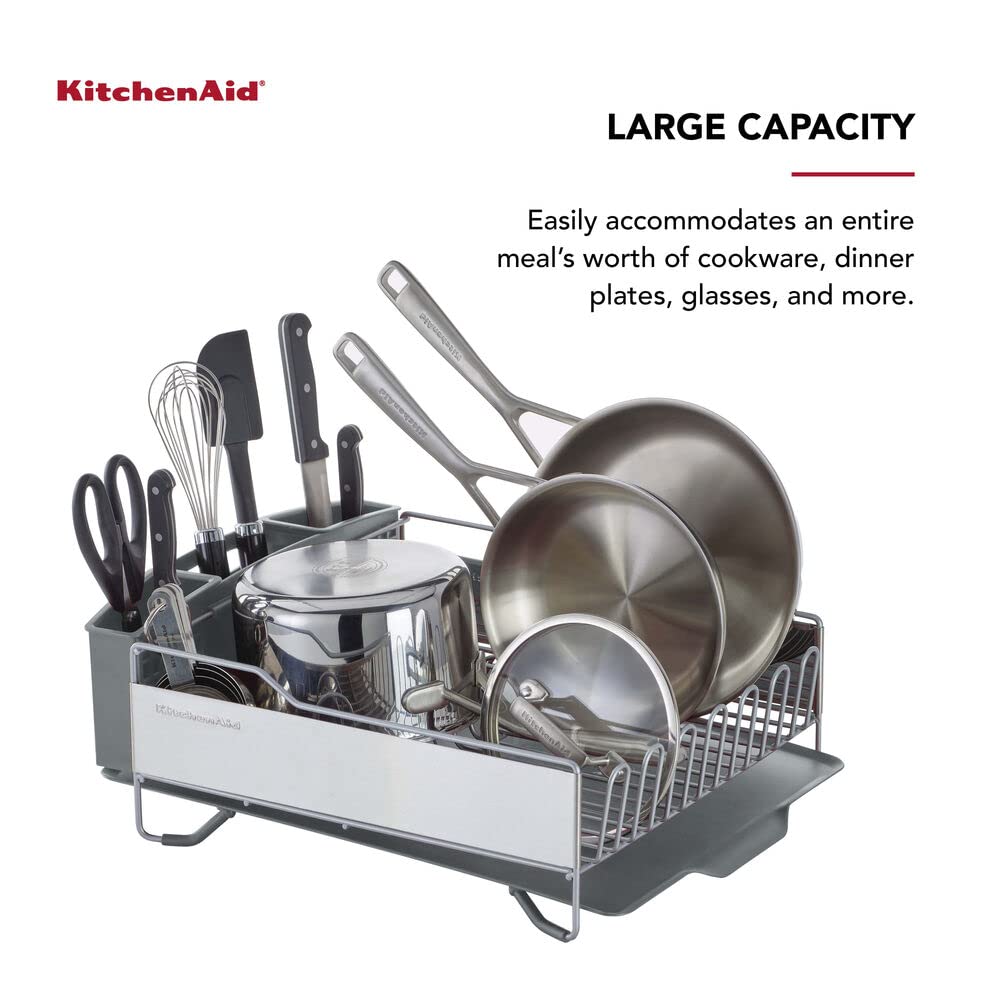 KitchenAid Large Capacity Full Size Rust Resistant Dish Rack with Angled Drain Board and Removable Flatware Caddy, Light Grey