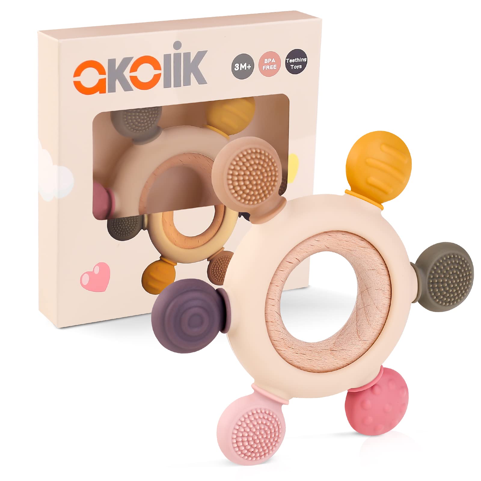 akolik Teething Toys for Babies, Baby Teethers Toy Teething Ring Silicone, Grasping Teething Toy, BPA Free Teething Nursing Accessories for 3+ Months Boy, Girl Toddlers