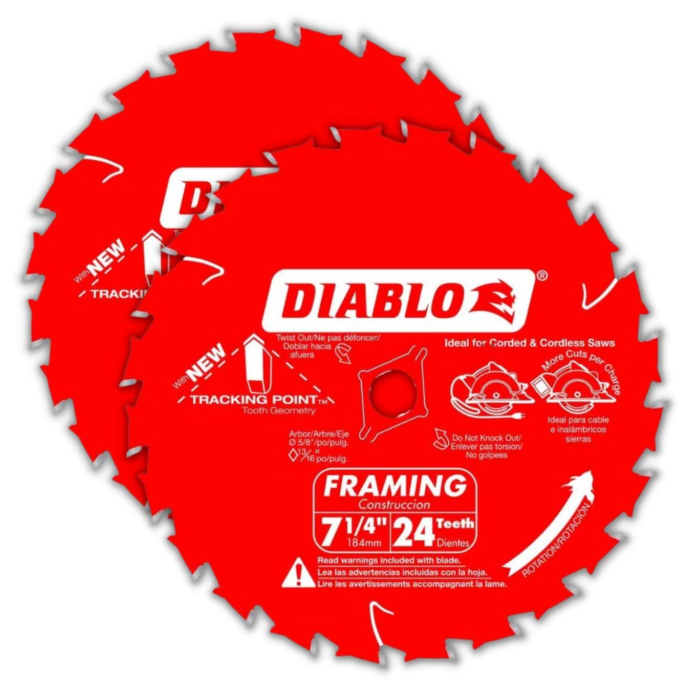 Diablo Tracking Point 7-1/4 Zoll 24-Zahn Kreissägeblätter – 2er-Pack – Tico Hartmetall, glatte Schnitte, geringe Vibration, Antihaftbeschichtung – D0724VPX