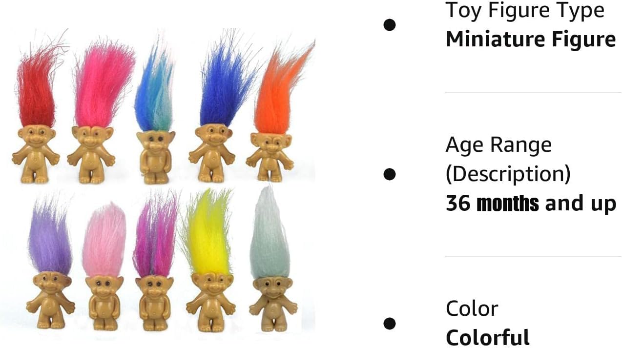 10PCS Mini troll Dolls, Assorted Hair Colors Vintage troll Dolls Action Figures 1.2" Cake Toppers Chromatic Adorable Cute Little Guys Collection, School Project, Arts Crafts, Party Favors