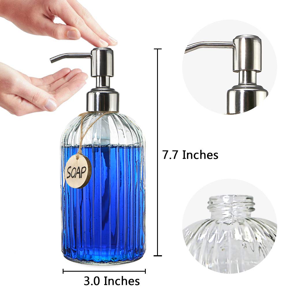 JASAI 18 Oz Clear Glass Soap Dispenser with Rust Proof Stainless Steel Pump, Refillable Liquid Hand soap Dispenser for Bathroom, Premium Kitchen Soap Dispenser (Clear).