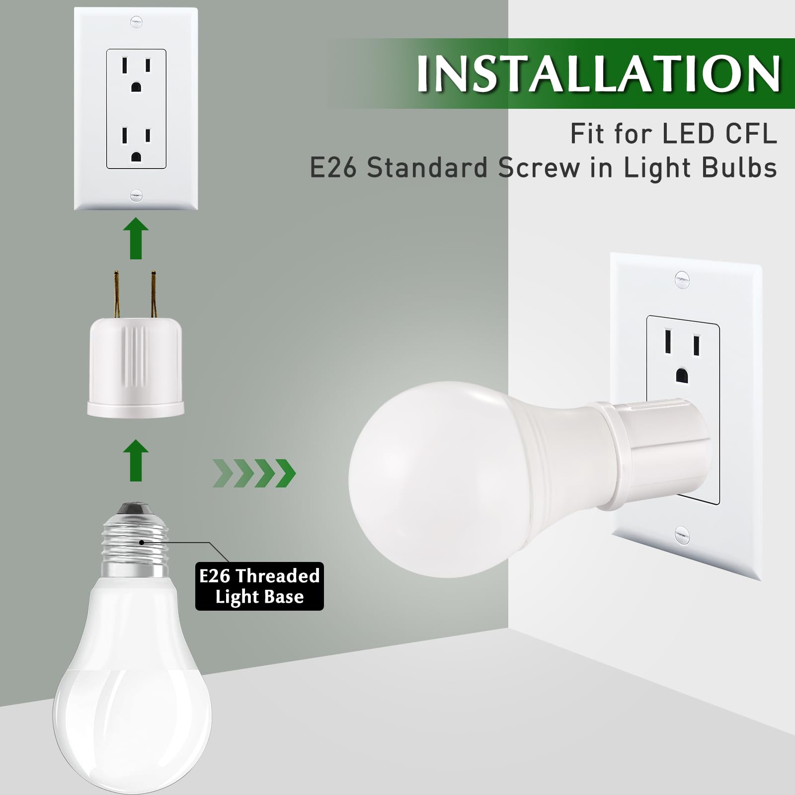 Outlet to Socket Adapter, Plug-in Light Socket, Convert Outlet to Light Bulb Socket, Polarized 2-Prong Outlet to E26 E27 Screw Base Bulb Socket, 660 Watt, 125 Volt, UL Listed (4-Pack)