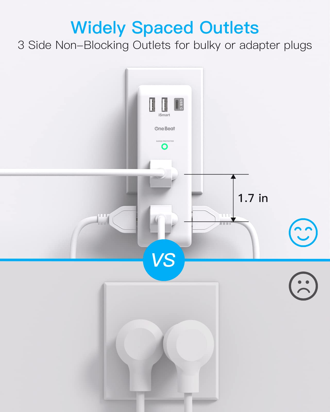 Surge Protector Outlet Extender with Rotating Plug - One Beat 6 AC Multi Plug Outlet with 3 USB Ports (1 USB C), 1800J Wall Charger, 3-Sided Power Strip Spaced Outlet Splitter for Home Office Travel