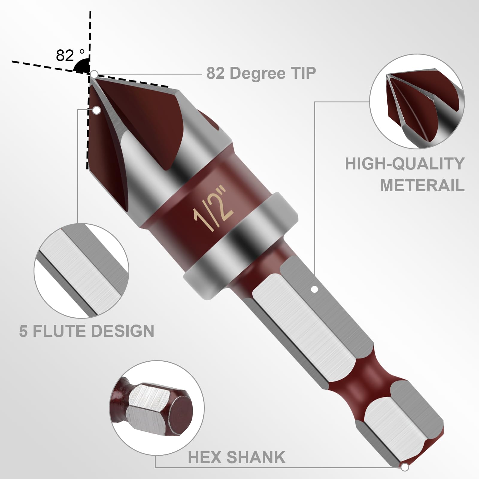 5PCS Countersink Drill Bit Set, 82 Degree HSS Counter Sink Drill Bit for Wood, Metal, Plastic, 1/4"-3/4" with 1/4" Hex Shank Countersink Bit Set